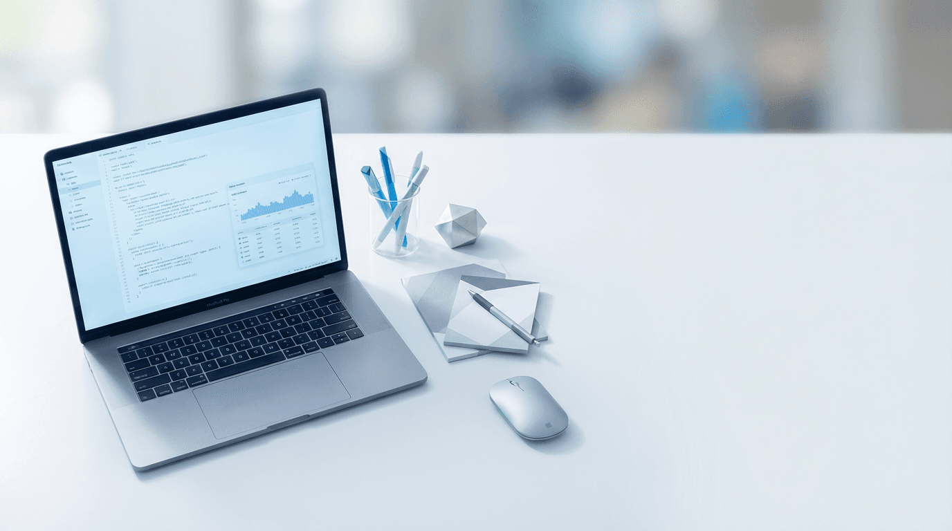 A professional workspace with a laptop and camera on a wooden desk in a bright studio