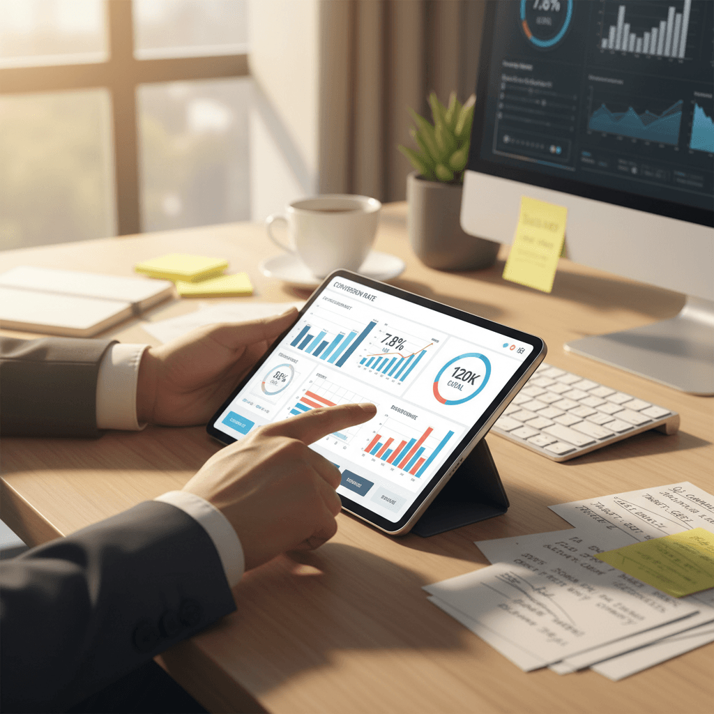 Marketing strategist's hands analyzing campaign analytics and conversion metrics on tablet in modern workspace