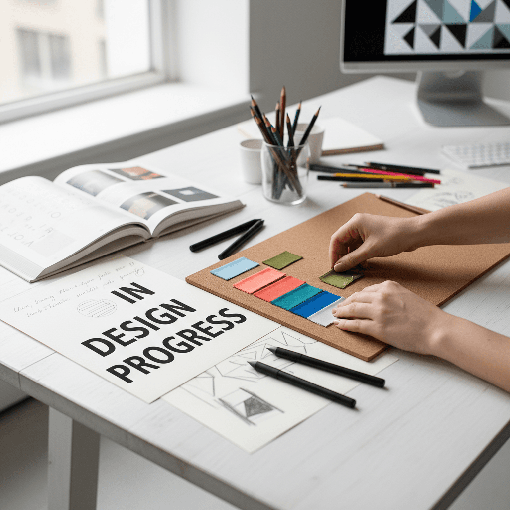 Designer's desk with sketchbook, tablet and mood board