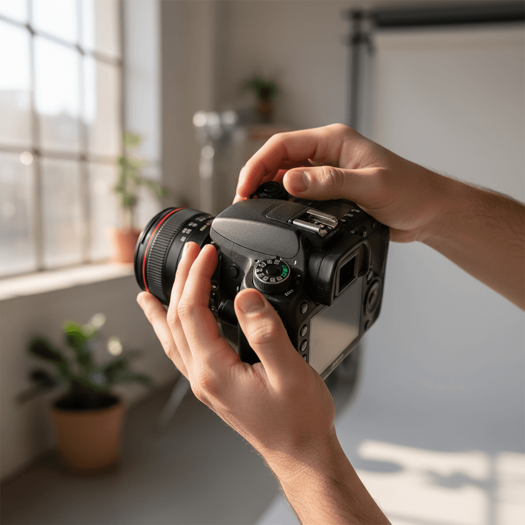 Handheld DSLR in a small studio with softbox in background