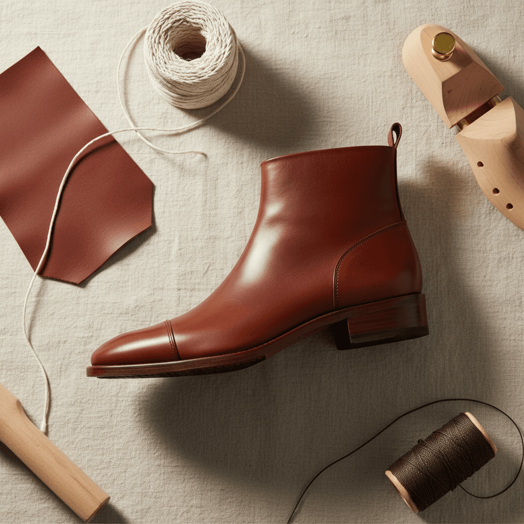 Clean product photography setup with leather boots on marble surface