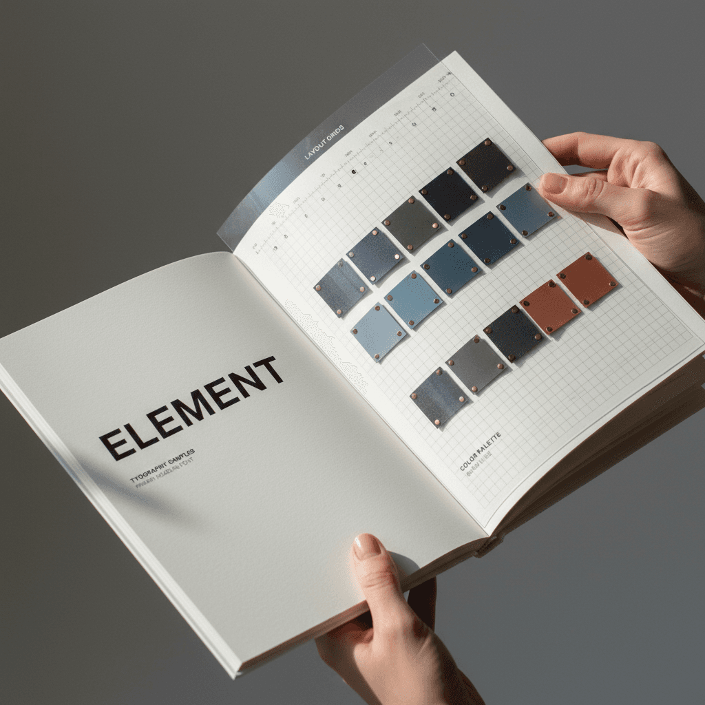 Printed brand style guide open with color swatches and notes