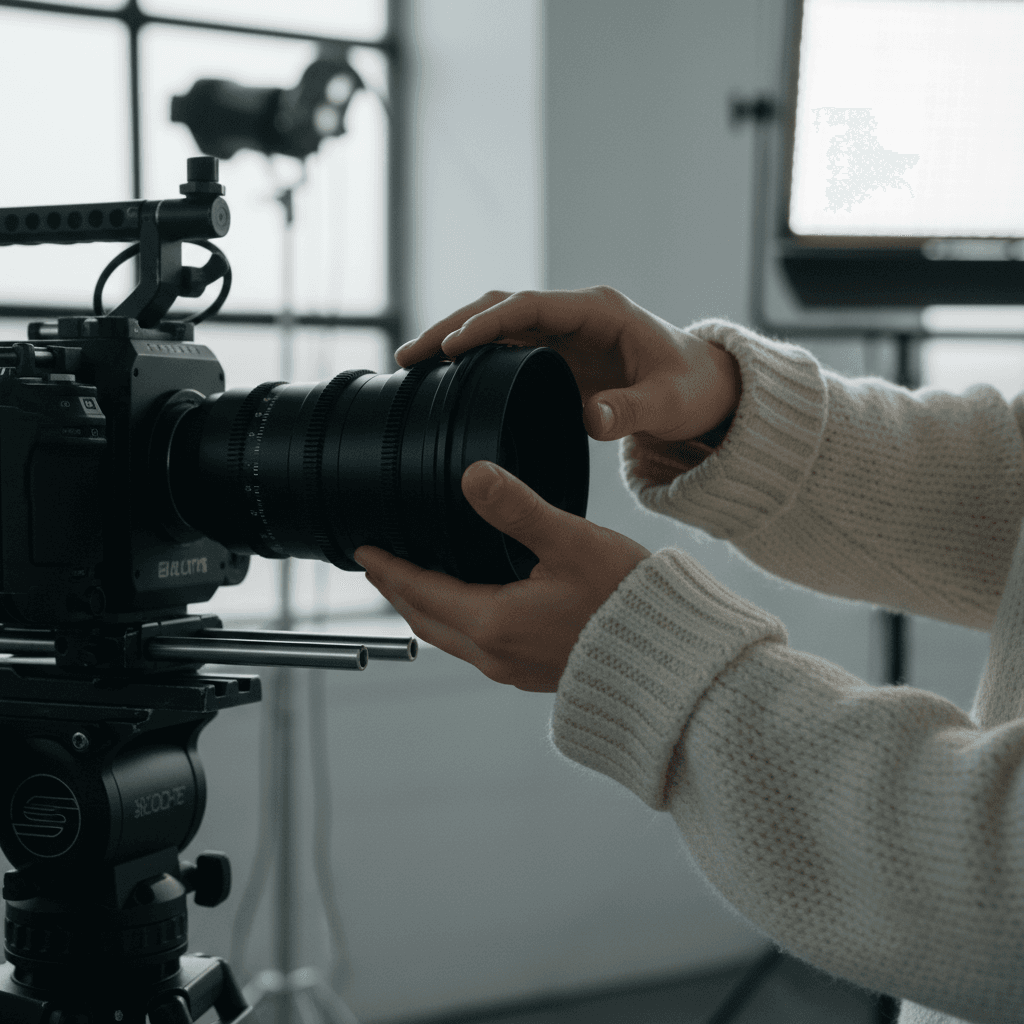 Close up of a camera lens being cleaned with a microfiber cloth in a professional studio environment