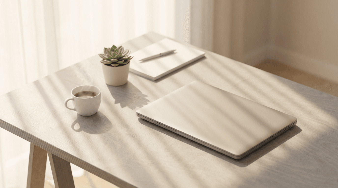 Premium marketing agency workspace with coffee cup and laptop